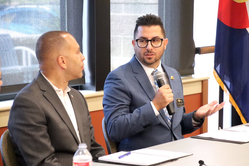 Brighton City Manager Michael Martinez thanks U.S. House Minority Leader Hakeem Jeffries during a Brighton roundtable discussion about social welfare for seniors. Martinez served as moderator of the discussion.